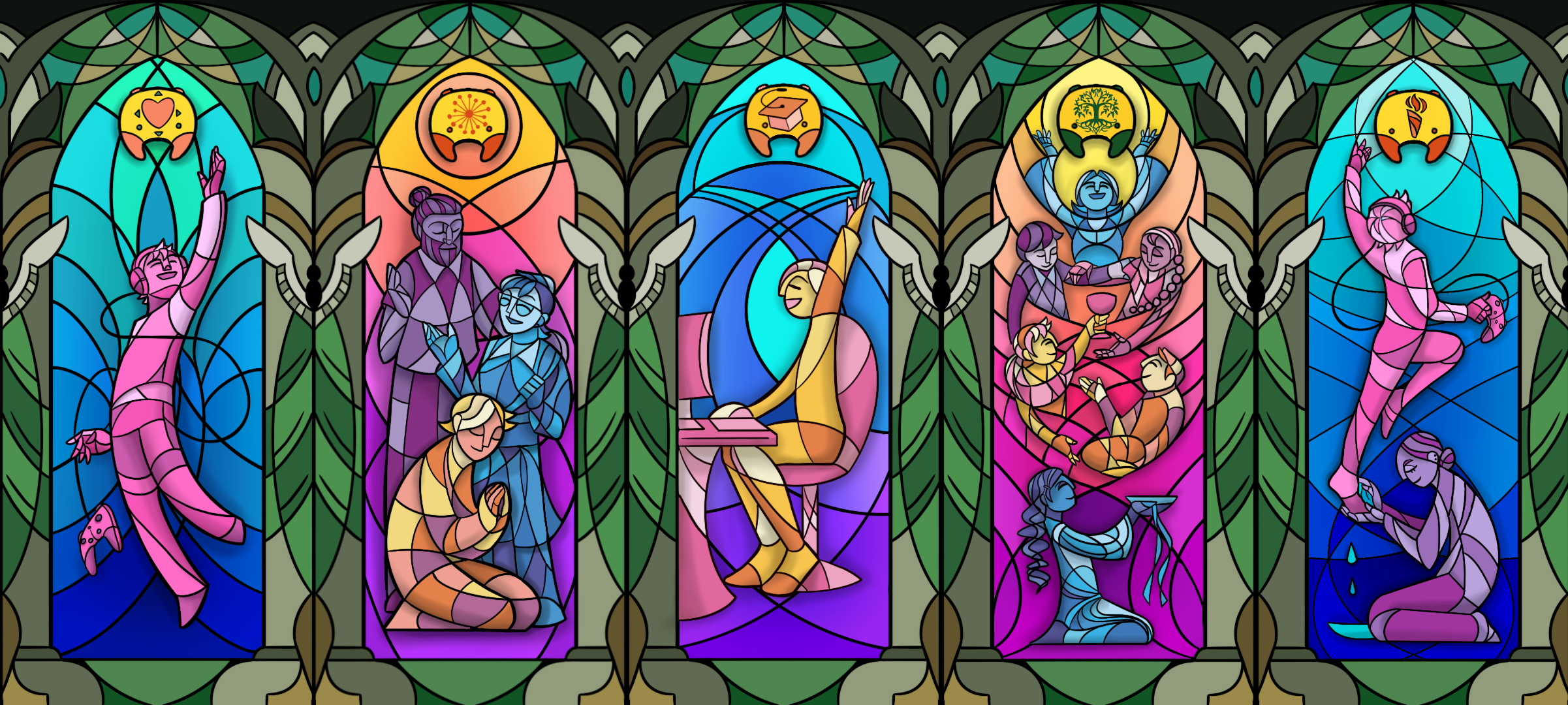 Five stained-glass windows describing a maker’s path