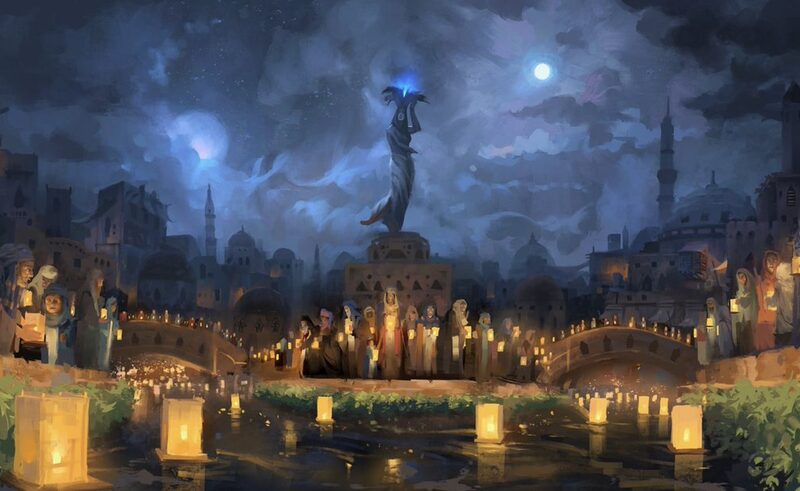 A lantern-lit gathering in a night city