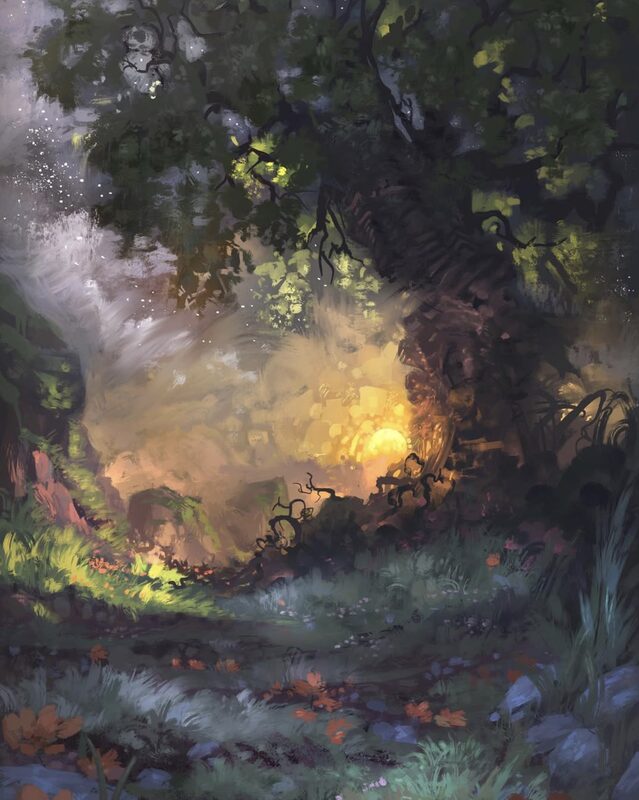 A gold path through a deep wood