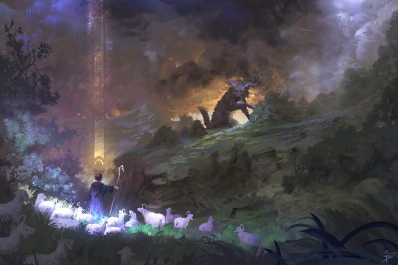 A shepherd with a glowing flock while a great beast watches from the ridge