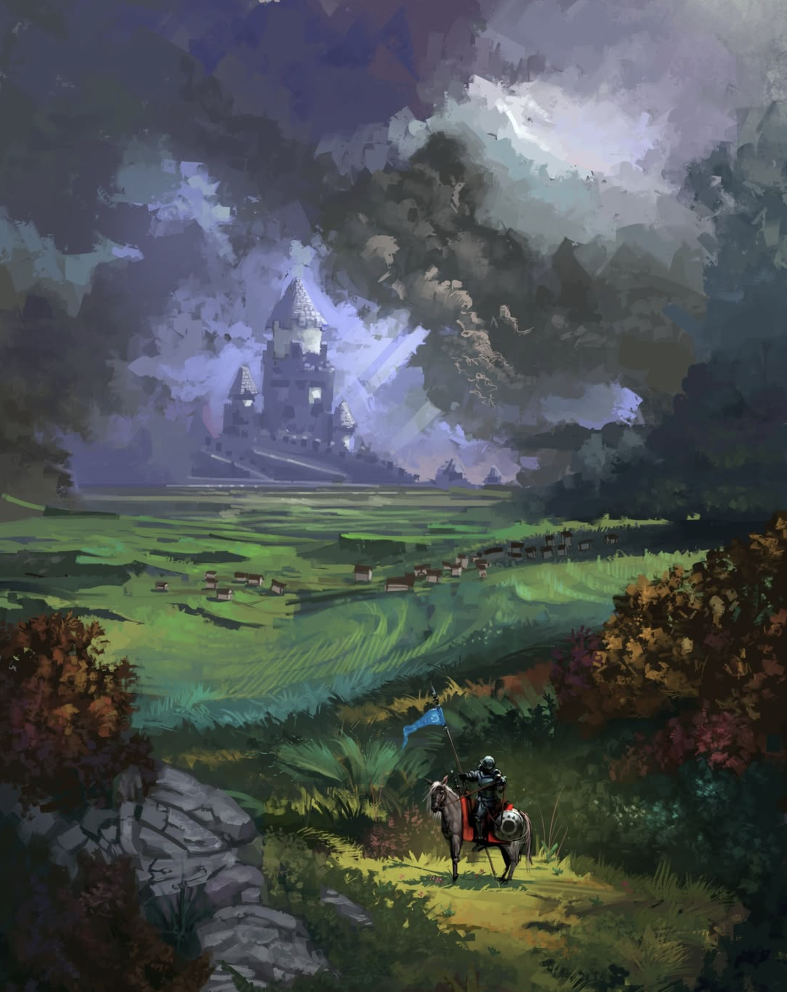 A knight on horseback looking toward a distant castle