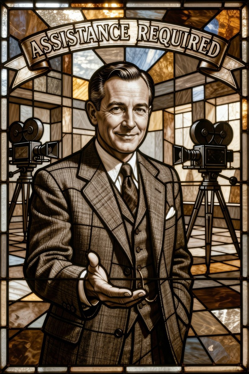 Stained glass of a studio executive offering his hand under the banner Assistance Required