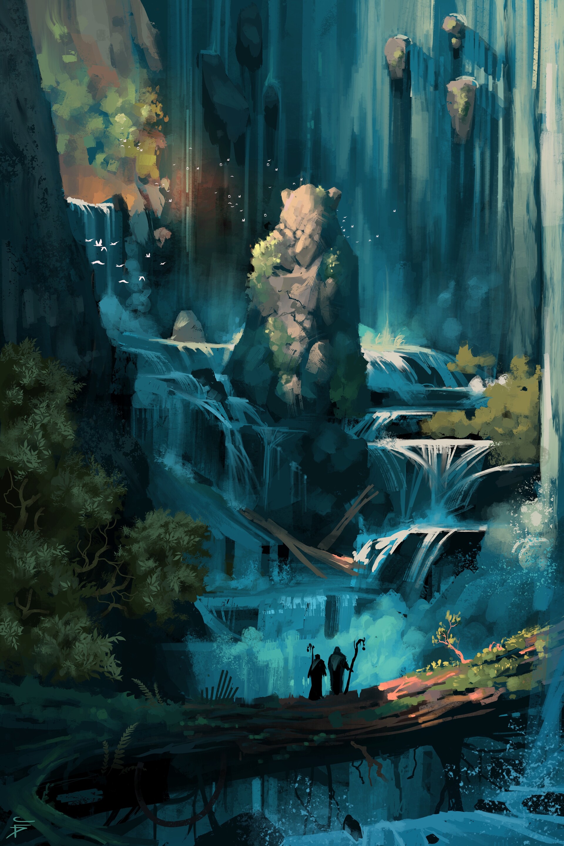 A high rock face over running water
