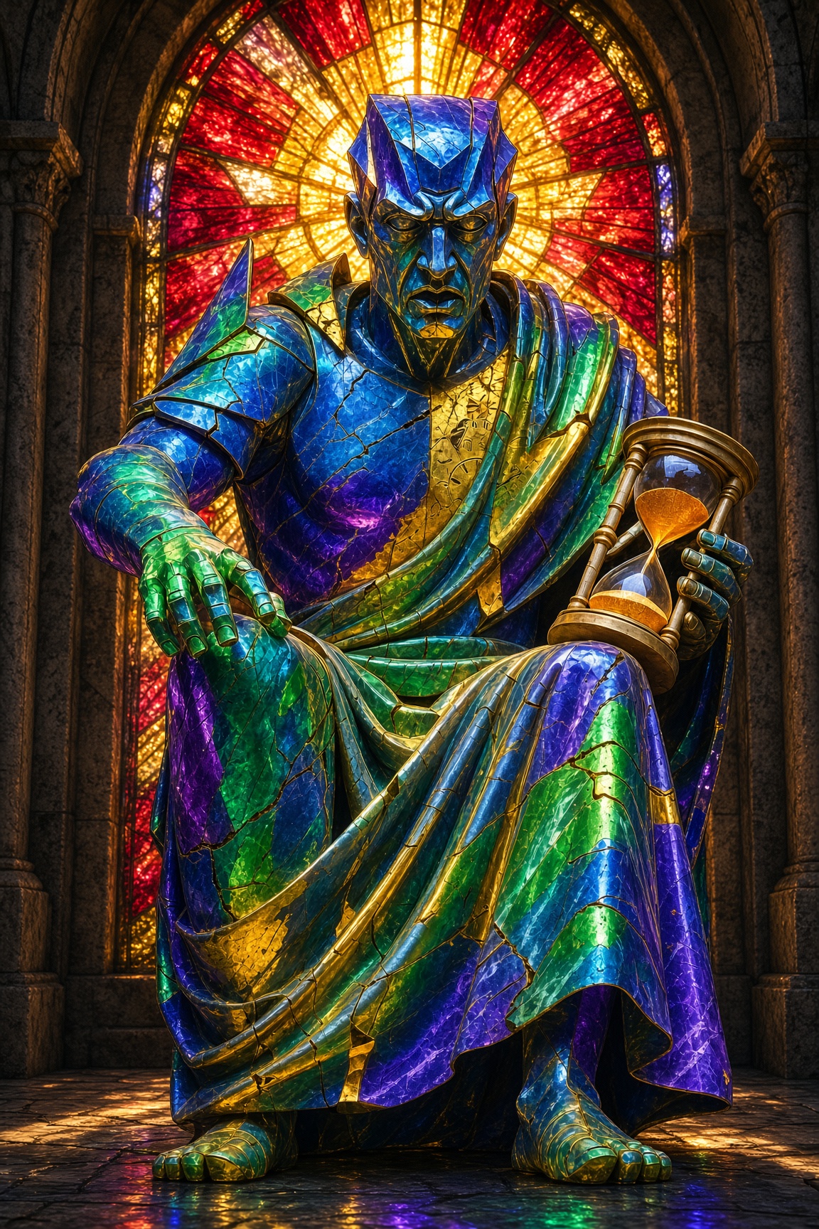 A stained-glass figure holding an hourglass before a rose window