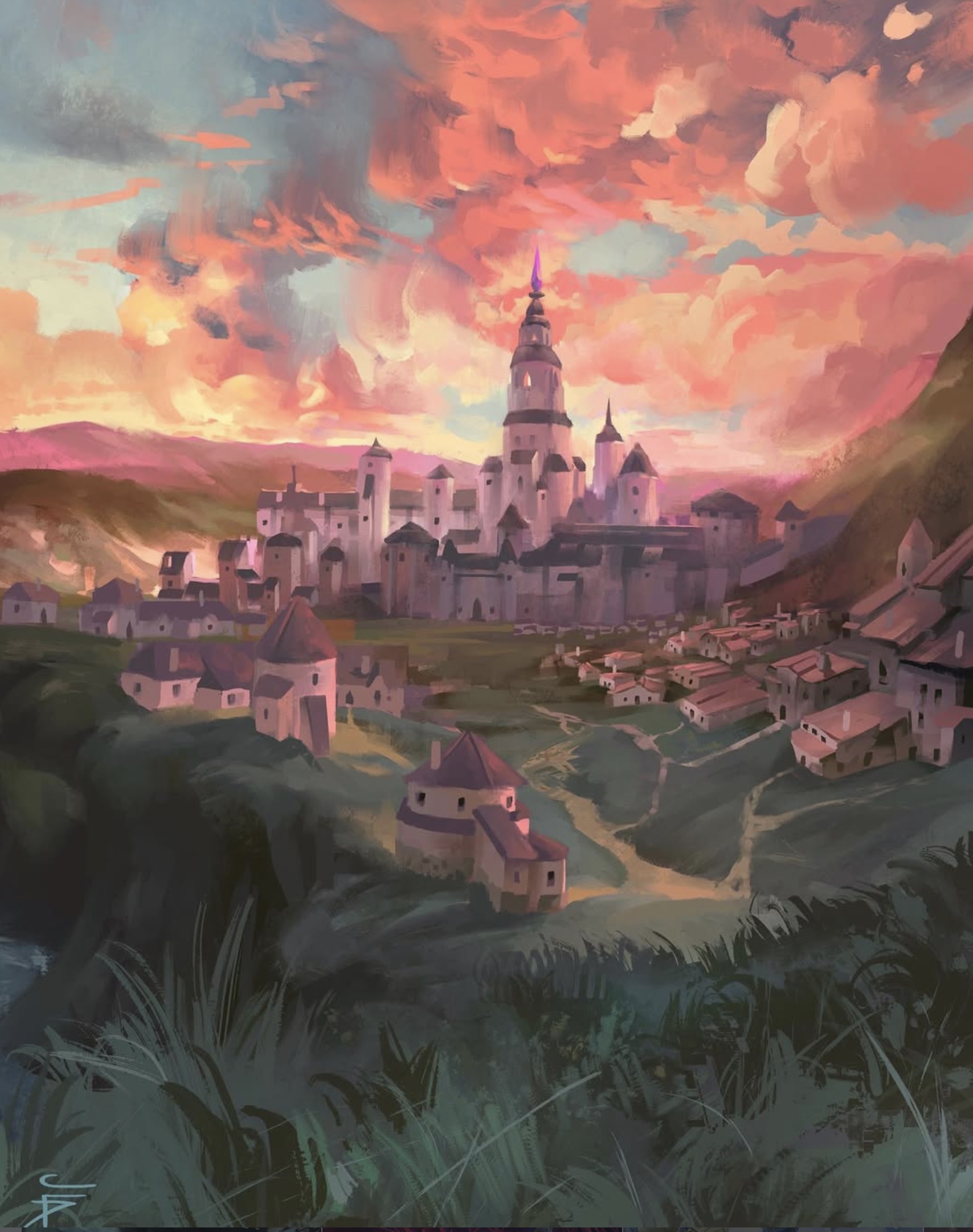A castle town at sunset