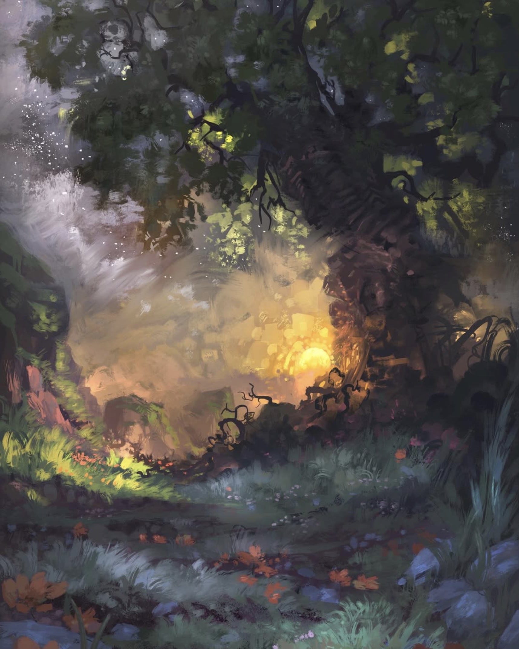 A gold path through a deep wood