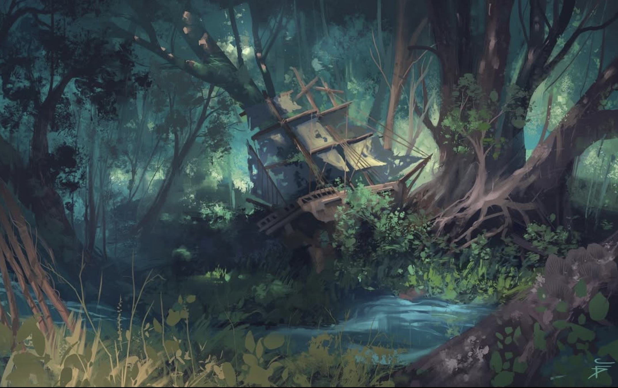 A ship moving through a forested water under breaking light