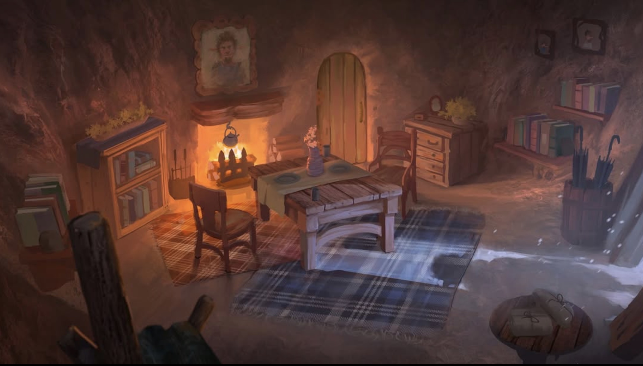 A firelit hearth in a small hall