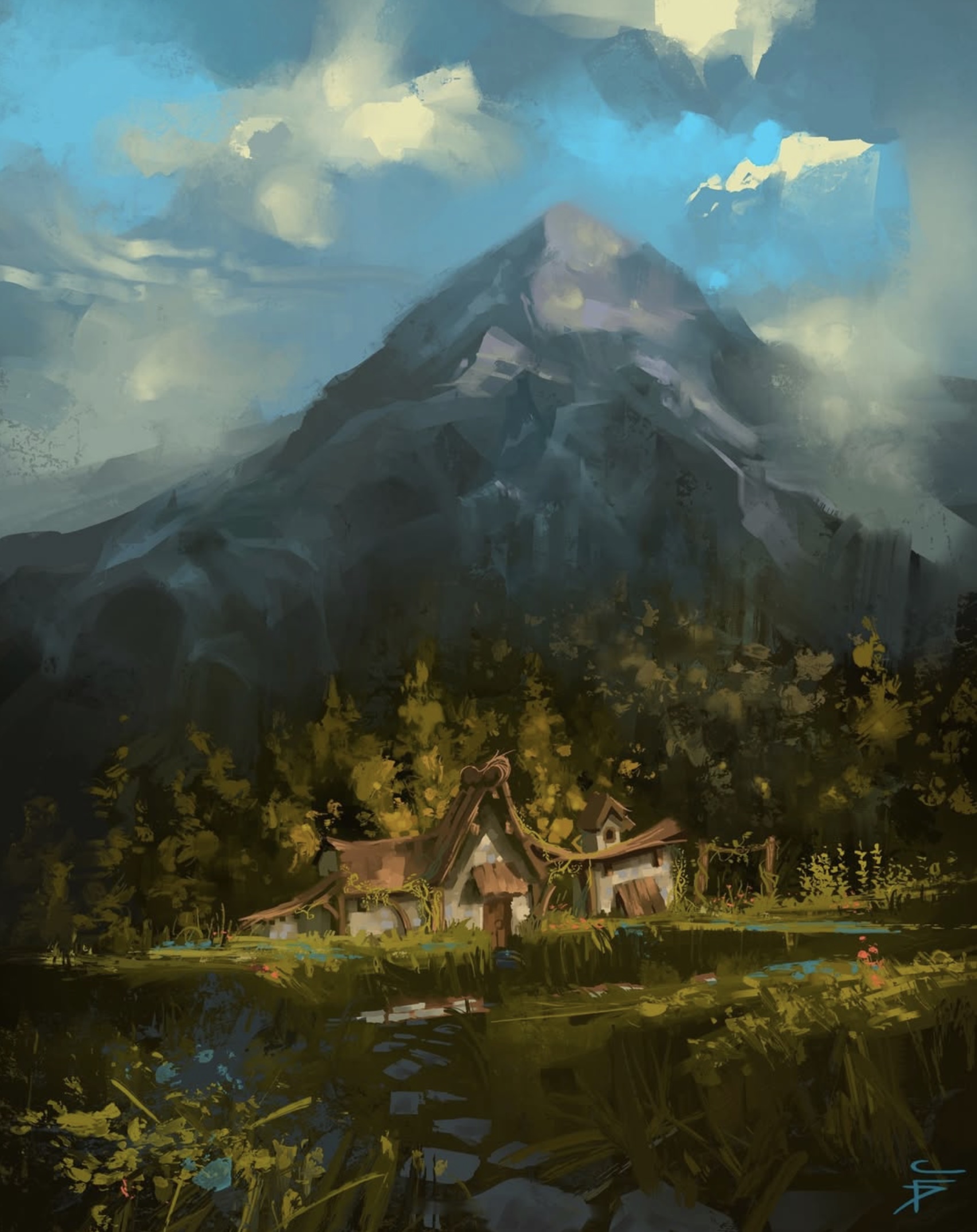 A workshop house under a mountain