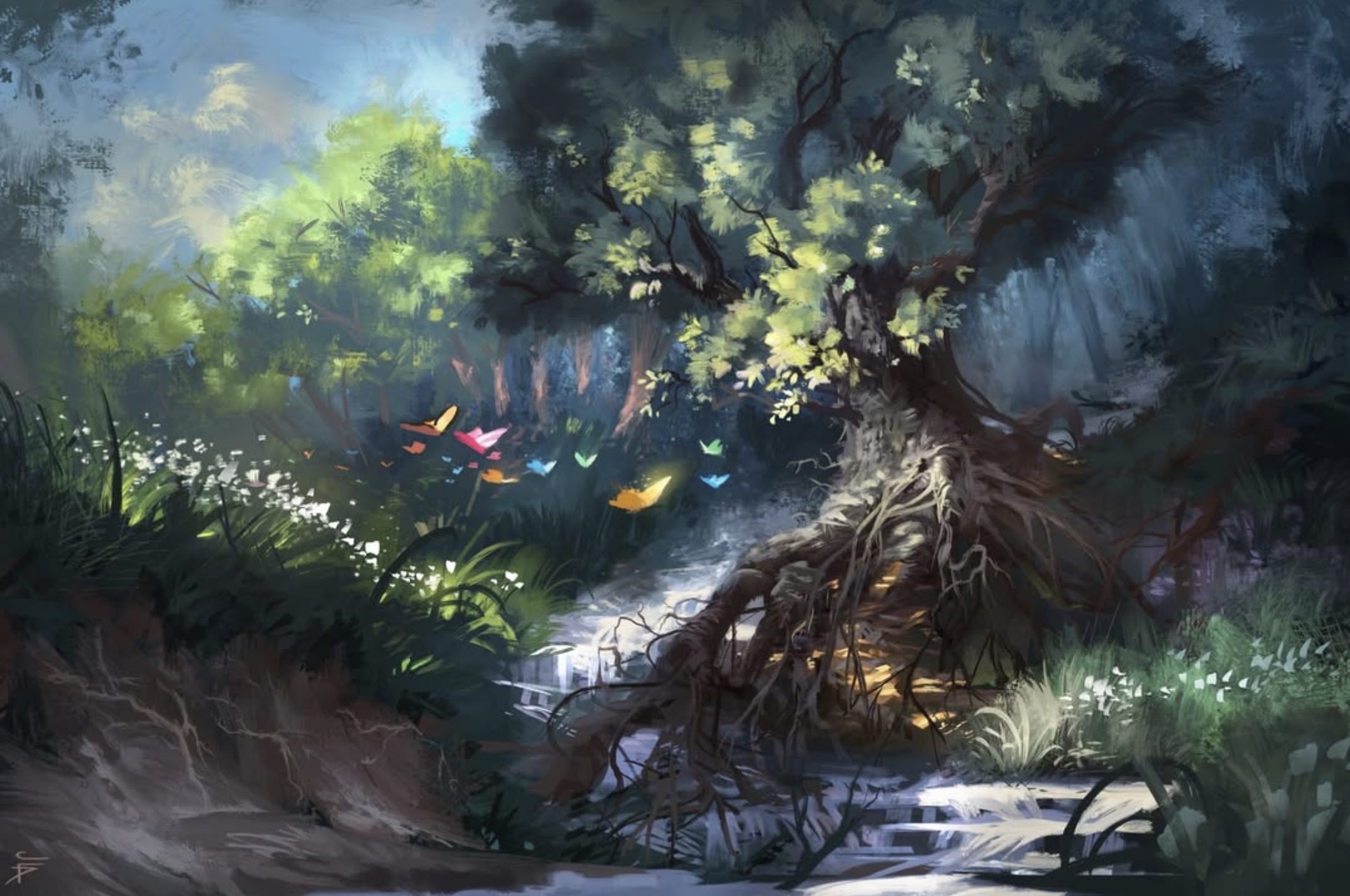 An ancient rooted tree in a green wood