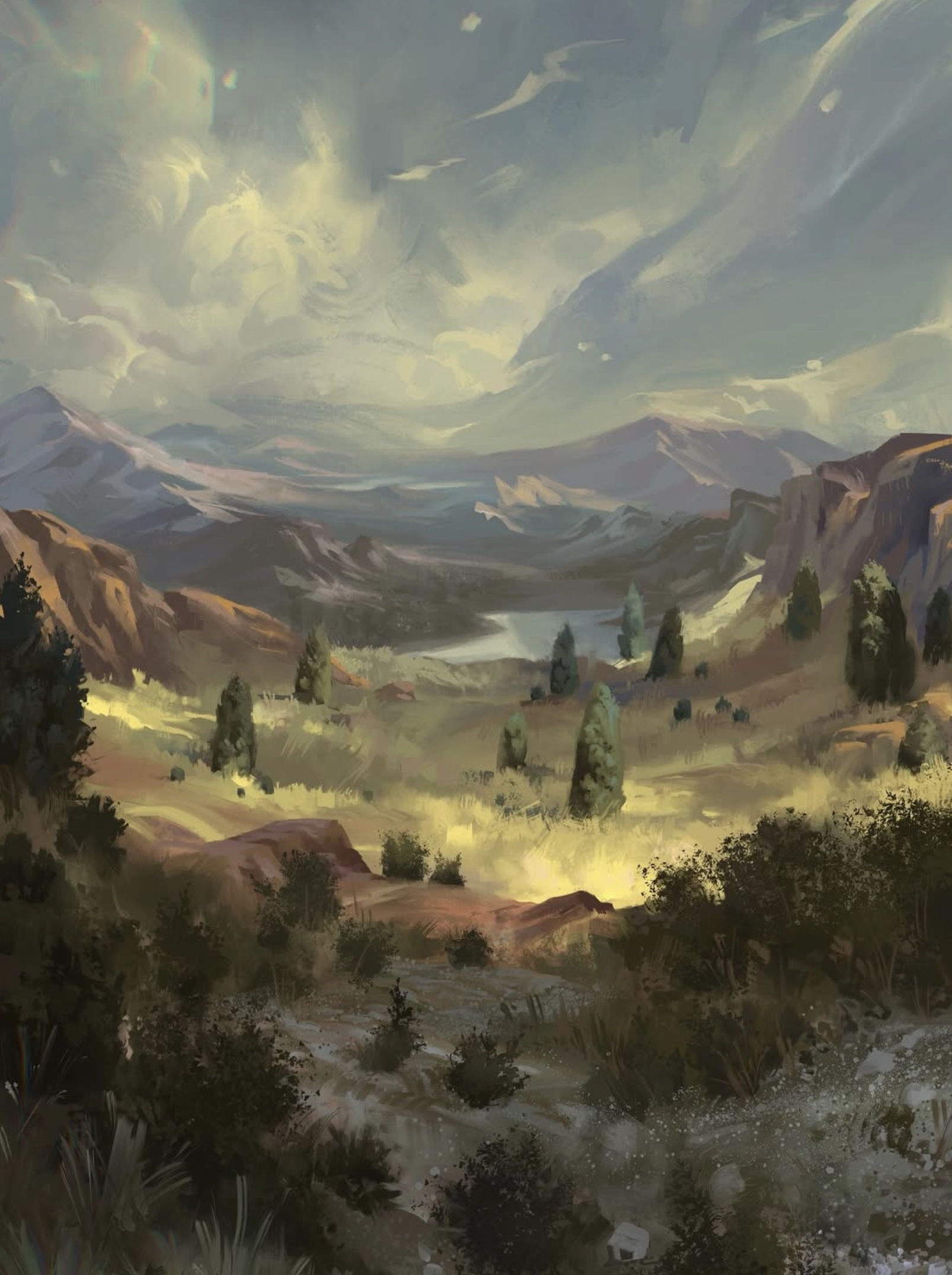 A valley road under breaking light