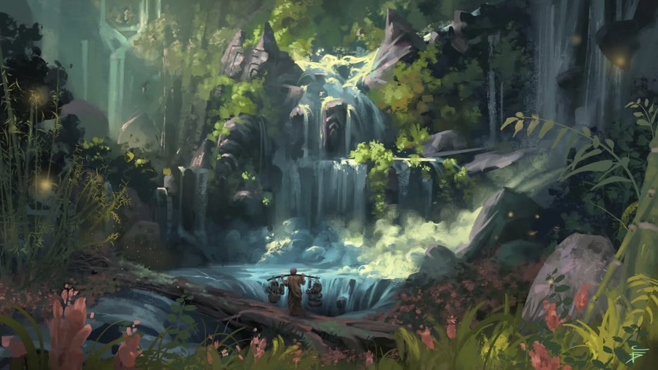 A magical fantasy waterfall with three explorers examining it