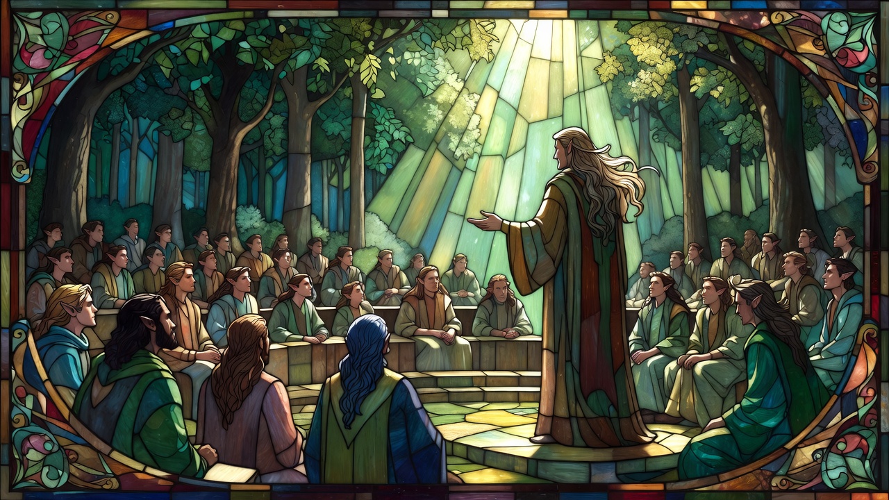 Stained-glass council in a forest hall