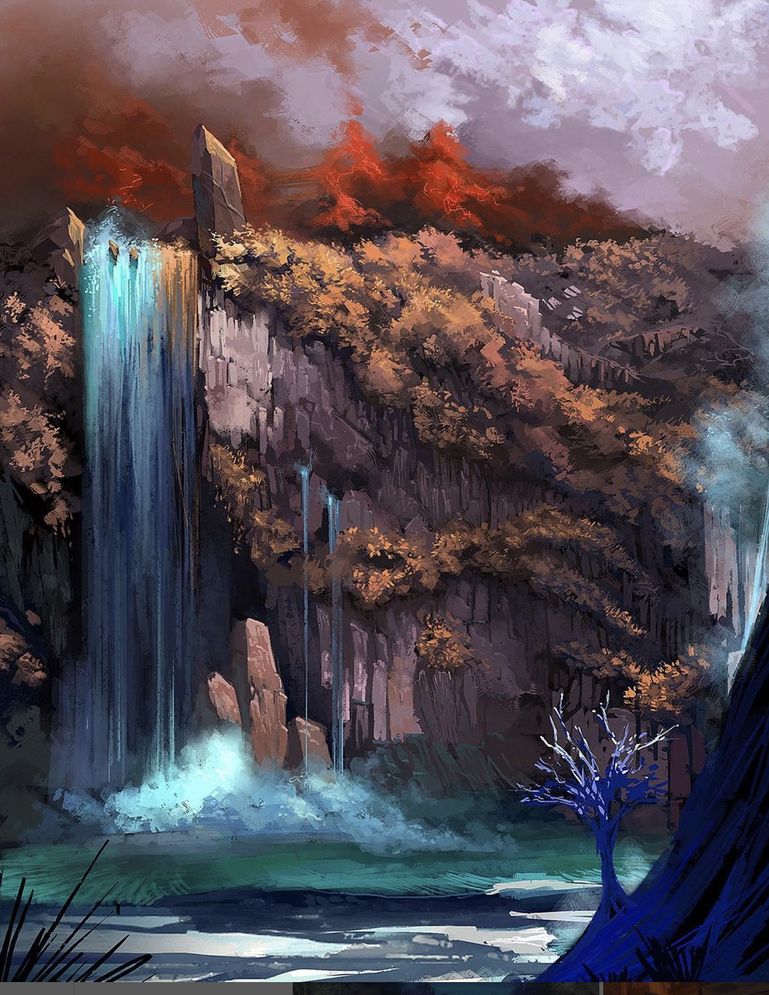A waterfall falling through a red and teal forest